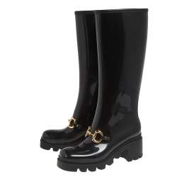 Pre Owned Gucci Black Rubber Horsebit Knee Length Boots Size 36