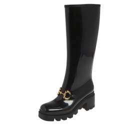 Pre Owned Gucci Black Rubber Horsebit Knee Length Boots Size 36