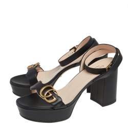 Pre Owned صندل غوتشي جي جي مارمونت جلد أسود سير كاحل نعل سميك مقاس 38