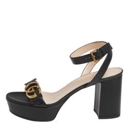 Pre Owned صندل غوتشي جي جي مارمونت جلد أسود سير كاحل نعل سميك مقاس 38