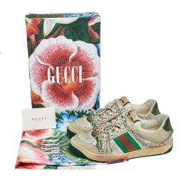 Pre Owned Gucci Grey  Nubuck And Leather Crystal Embellished Lace Up Sneakers Size 37