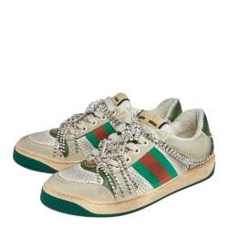 Pre Owned Gucci Grey  Nubuck And Leather Crystal Embellished Lace Up Sneakers Size 37