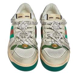 Pre Owned Gucci Grey  Nubuck And Leather Crystal Embellished Lace Up Sneakers Size 37