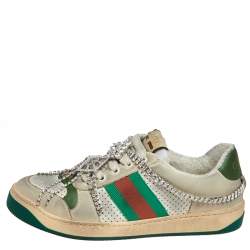 Pre Owned Gucci Grey  Nubuck And Leather Crystal Embellished Lace Up Sneakers Size 37