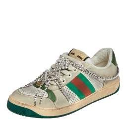 Pre Owned Gucci Grey  Nubuck And Leather Crystal Embellished Lace Up Sneakers Size 37