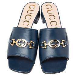 Pre Owned Gucci Navy Blue Leather Zumi GG Interlocking Slide Sandals Size 39