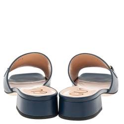 Pre Owned Gucci Navy Blue Leather Zumi GG Interlocking Slide Sandals Size 39