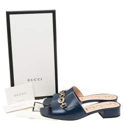 Pre Owned Gucci Navy Blue Leather Zumi GG Interlocking Slide Sandals Size 39
