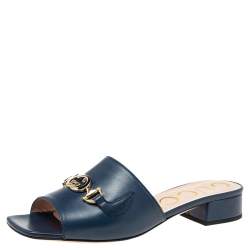 Pre Owned Gucci Navy Blue Leather Zumi GG Interlocking Slide Sandals Size 39