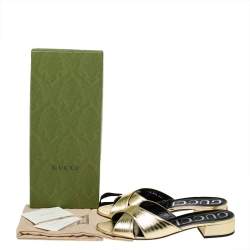 مملوكة مسبقًا Gucci Gold Leather Crisscross Slide Sandals Size 39.5