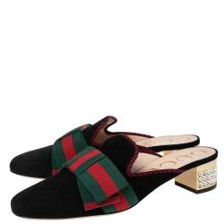 مملوكة مسبقًا Gucci Black Suede Sylvie Bow Crystal Embellished Heel Slip-On Mules Size 38