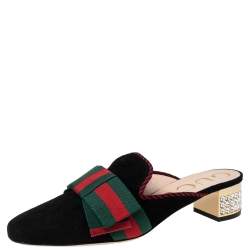 مملوكة مسبقًا Gucci Black Suede Sylvie Bow Crystal Embellished Heel Slip-On Mules Size 38
