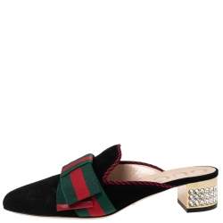 مملوكة مسبقًا Gucci Black Suede Sylvie Bow Crystal Embellished Heel Slip-On Mules Size 38