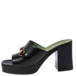 مملوكة مسبقًا Gucci Black Leather Horsebit Platform Slide Sandals Size 38.5