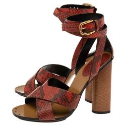 Gucci Red/Black Python Leather Crisscross Ankle-Strap Sandals Size 38
