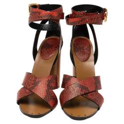 Gucci Red/Black Python Leather Crisscross Ankle-Strap Sandals Size 38