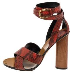 Gucci Red/Black Python Leather Crisscross Ankle-Strap Sandals Size 38