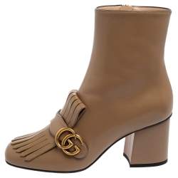 Pre Owned Gucci Brown Leather GG Marmont Fringe Ankle Boots Size 38