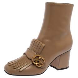 Pre Owned Gucci Brown Leather GG Marmont Fringe Ankle Boots Size 38