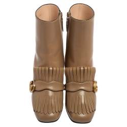 Pre Owned Gucci Brown Leather GG Marmont Fringe Ankle Boots Size 38