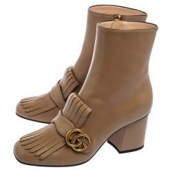 Pre Owned Gucci Brown Leather GG Marmont Fringe Ankle Boots Size 38
