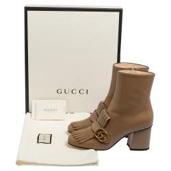 Pre Owned Gucci Brown Leather GG Marmont Fringe Ankle Boots Size 38