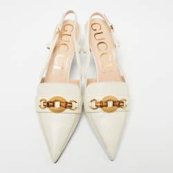 Pre Owned صندل سلايد غوتشي جلد أبيض مزين هورسبيت بامبو فتحة كعب مقاس 40.5