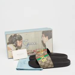 Pre Owned Gucci Beige Not Fake Print GG Supreme Canvas Slide Flat Sandals Size 38