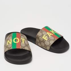 Pre Owned Gucci Beige Not Fake Print GG Supreme Canvas Slide Flat Sandals Size 38