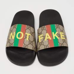 Pre Owned Gucci Beige Not Fake Print GG Supreme Canvas Slide Flat Sandals Size 38