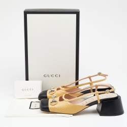Pre Owned Gucci Yellow/Black Snakeskin Leather Horsebit Block Heel Ankle Strap Sandals Size 40