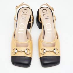 Pre Owned Gucci Yellow/Black Snakeskin Leather Horsebit Block Heel Ankle Strap Sandals Size 40
