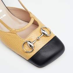 Pre Owned Gucci Yellow/Black Snakeskin Leather Horsebit Block Heel Ankle Strap Sandals Size 40
