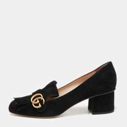 مملوكة مسبقًا حذاء كعب عالي غوتشي سوي دي أسود مزين جي جي بشراشيب كعب مربع سميك مقاس 41.5