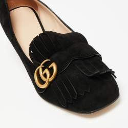 مملوكة مسبقًا حذاء كعب عالي غوتشي سويدي أسود مزين جي جي بشراشيب كعب مربع سميك مقاس 41.5