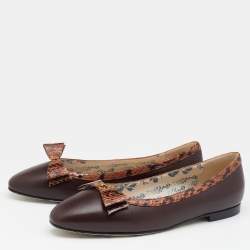 Pre Owned حذاء باليرينا فلات غوتشي جلد ثعبان بني بشعار ماركة جي جي بفيونكة مقاس 39