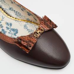 Pre Owned حذاء باليرينا فلات غوتشي جلد ثعبان بني بشعار ماركة جي جي بفيونكة مقاس 39