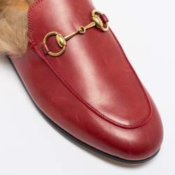 Pre Owned  صندل سلايد غوتشي برينستاون هورسبيت فرو وجلد أحمر مقاس 36