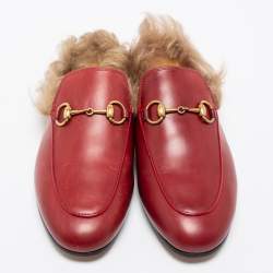 Pre Owned  صندل سلايد غوتشي برينستاون هورسبيت فرو وجلد أحمر مقاس 36