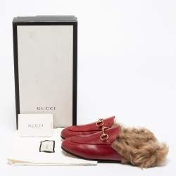 Pre Owned  صندل سلايد غوتشي برينستاون هورسبيت فرو وجلد أحمر مقاس 36