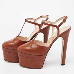 مملوكة مسبقًا حذاء كعب عالي غوتشي جلد بني سير حرف تي نعل سميك مقاس 38