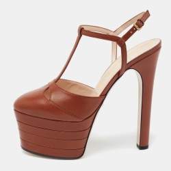 مملوكة مسبقًا حذاء كعب عالي غوتشي جلد بني سير حرف تي نعل سميك مقاس 38