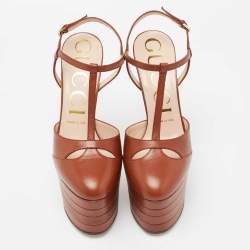 مملوكة مسبقًا حذاء كعب عالي غوتشي جلد بني سير حرف تي نعل سميك مقاس 38