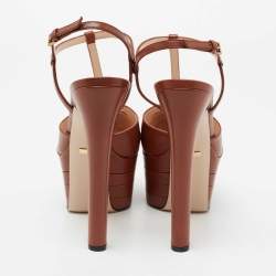 مملوكة مسبقًا حذاء كعب عالي غوتشي جلد بني سير حرف تي نعل سميك مقاس 38