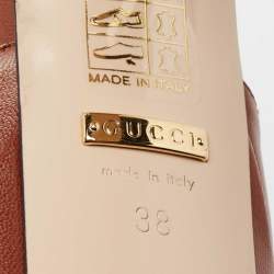 مملوكة مسبقًا حذاء كعب عالي غوتشي جلد بني سير حرف تي نعل سميك مقاس 38