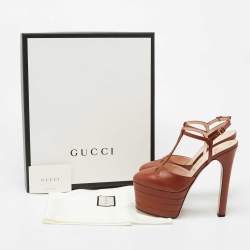 مملوكة مسبقًا حذاء كعب عالي غوتشي جلد بني سير حرف تي نعل سميك مقاس 38