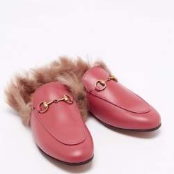Pre Owned Gucci Pink Fur And Leather Princetown Mule Sandals Size 37