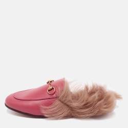 Pre Owned Gucci Pink Fur And Leather Princetown Mule Sandals Size 37