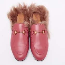Pre Owned Gucci Pink Fur And Leather Princetown Mule Sandals Size 37