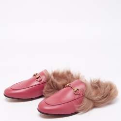 Pre Owned Gucci Pink Fur And Leather Princetown Mule Sandals Size 37